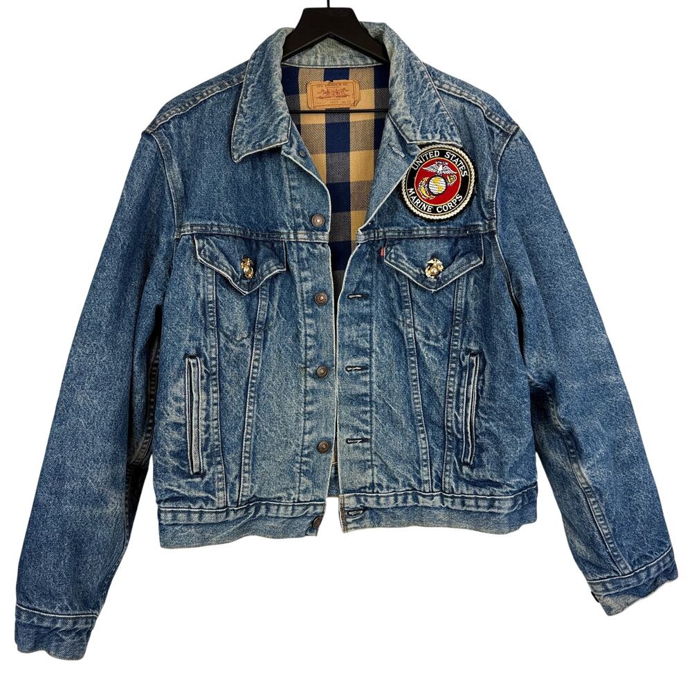 Vintage Levis 70411 Mens Lined Denim Trucker Jacker US Marine Corps Patch - 46 - Picture 1 of 14